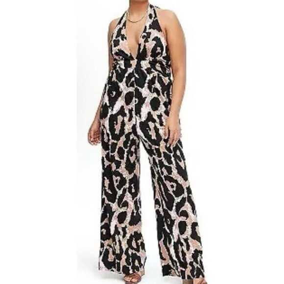 Diane Von Furstenberg x Target Women XS Leopard Halter Jumpsuit Black/Tan/Pink - Picture 1 of 8